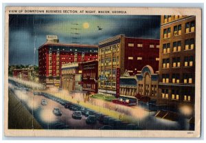 Macon Georgia GA Postcard View Of Downtown Business Section At Night 1946 Cars