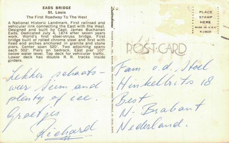 USA Eads Bridge St Louis Mississippi Vintage Postcard 07.72 