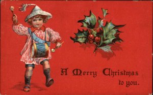 Christmas Little Boy Toy Drum Paper Heart c1910 Vintage Postcard