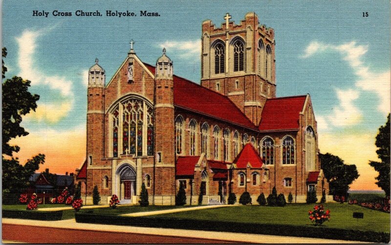 Holy Cross Church Holyoke Massachusetts MA Linen Postcard VTG UNP Tichnor Unused 