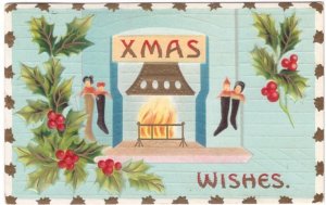 Xmas Wishes, Holly, Hearth, Stockings, 1913 Solomon Brothers Christmas Postcard