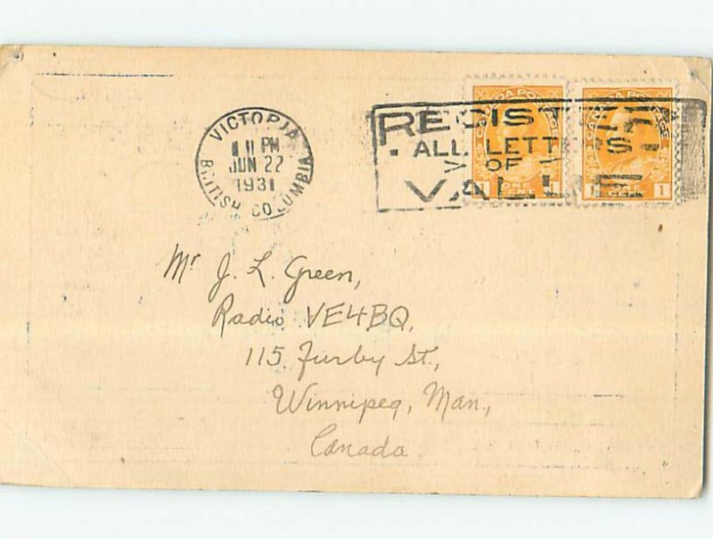 1930s QSL RADIO CARD Victoria - Vancouver Island British Columbia BC AH3149