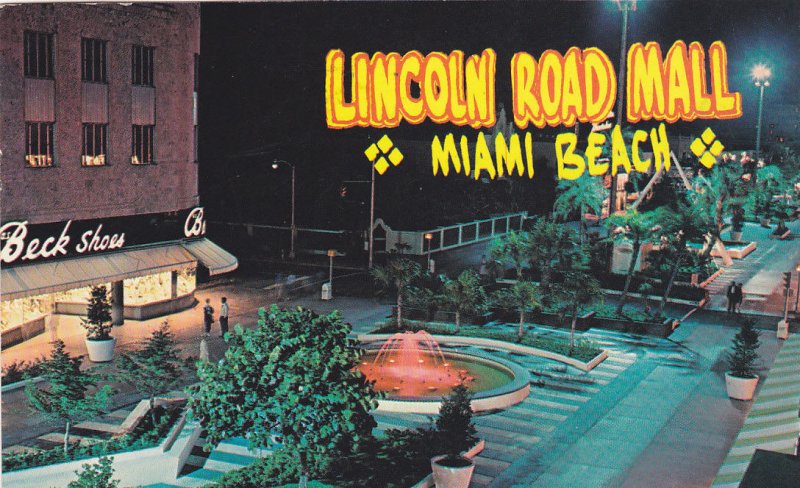  MIAMI BEACH, Florida; Lincoln Road Mall, Fountain, Beck Shoes, PU-1964