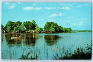 Janesville Wisconsin Postcard Greetings Canoeing Boat Lake 1977 Vintage Antique