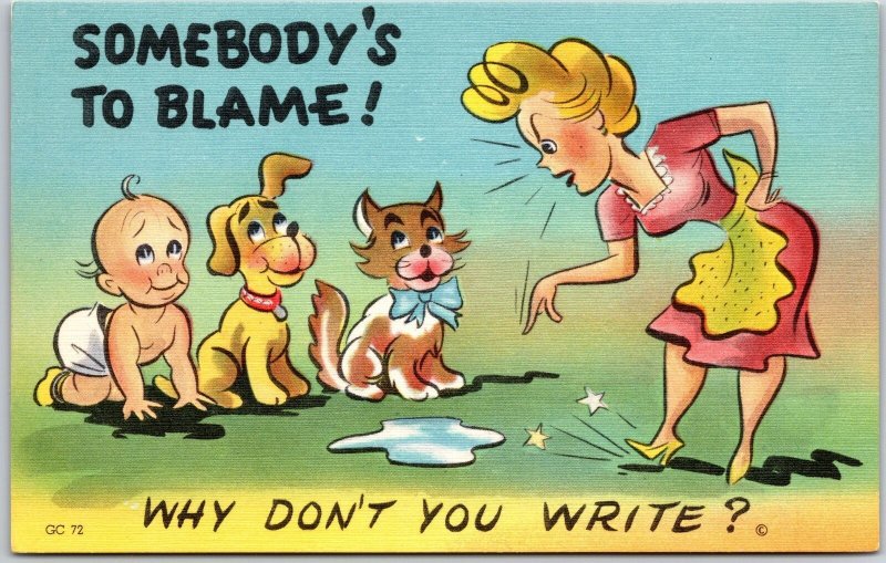 Somebody's Blame ! Why Don't You Write? Comic Colored Postcard 