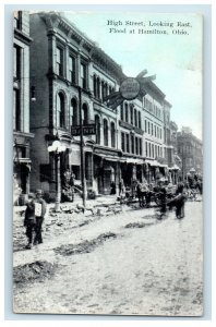 1913 High Street Looking East Flood At Hamilton Ohio OH Posted Antique Postcard 