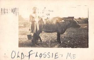 Man with Cow Milk Bucket Old Flossie and Me Real Photo Antique Postcard J81245