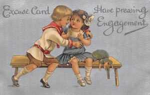 Excuse card, pressing engagement boy kissing girl Bonnets Writing on Back 