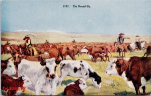 FW Schultz Artist The Round-Up Cowboys Cattle Cows Livestock Postcard H53a