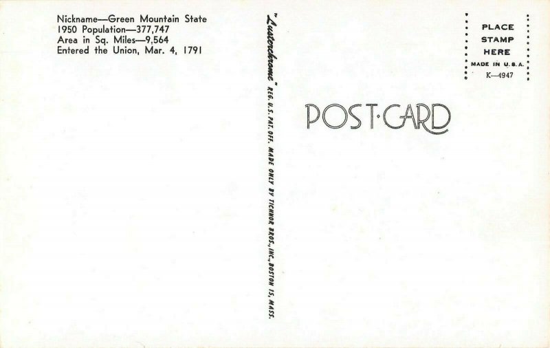 LPM65 Vermont Map Chrome Postcard The Green Mountain State