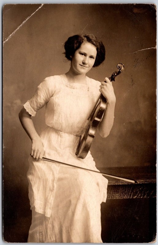 Lady Playing Violin Short Hair White Dress Real Photo RPPC Postcard