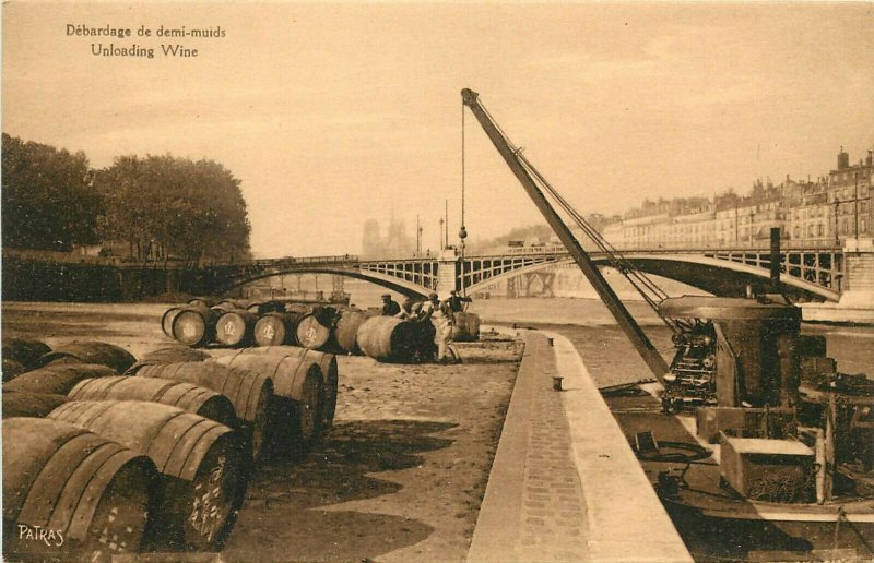 Photogravure Postcard; Paris France Banks of Seine, Unloading Wine, Barge, Crane