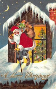 Embossed Red Silk Suited Santa Claus Walking Stick A Merry Christmas Postcard