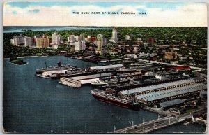 Busy Port of Miami Florida FL Ocean Liners Buildings Bridge Piers Docks Postcard