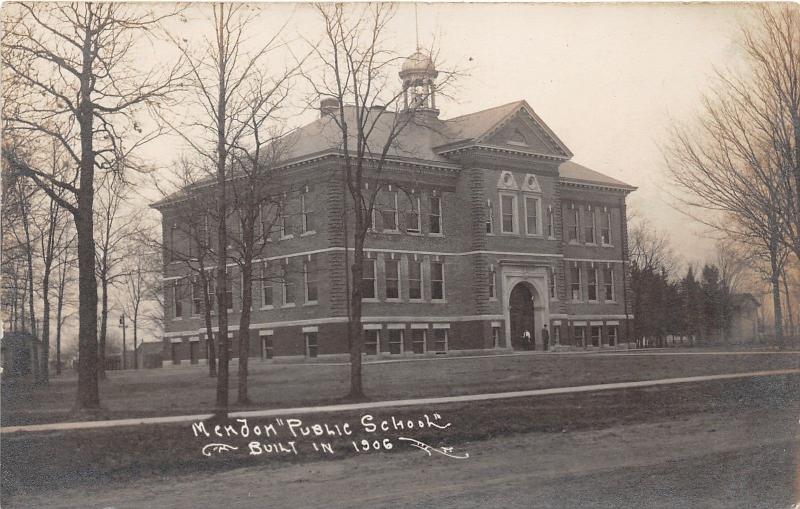 Mendon Michigan~Public School Building~2 Men by Arched Doorway~Vintage RPPC