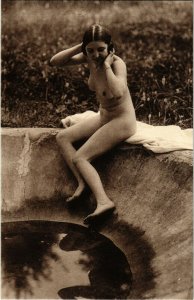 PC CPA RISQUE, LADY NEXT TO A POND, Vintage PRINTED PHOTO Postcard (b17209)