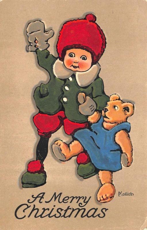 A Merry Christmas Artist Signed Ekalish Teddy Bear 1919 Postcard