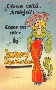 ¿Cómo está Amigo? JUAREZ Mexico Comic Señorita Sombrero c1930s Vintage Postcard