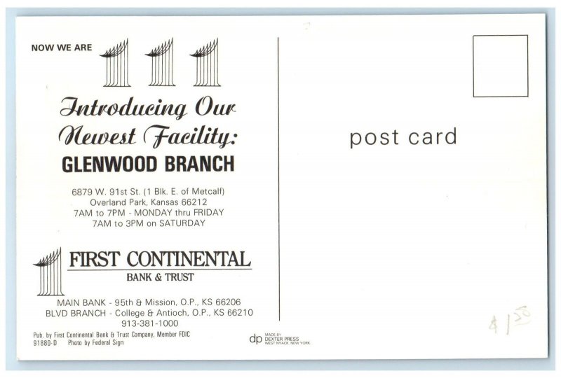 c1960's First Continental Bank And Trust Overland Park Kansas KS Trees Postcard