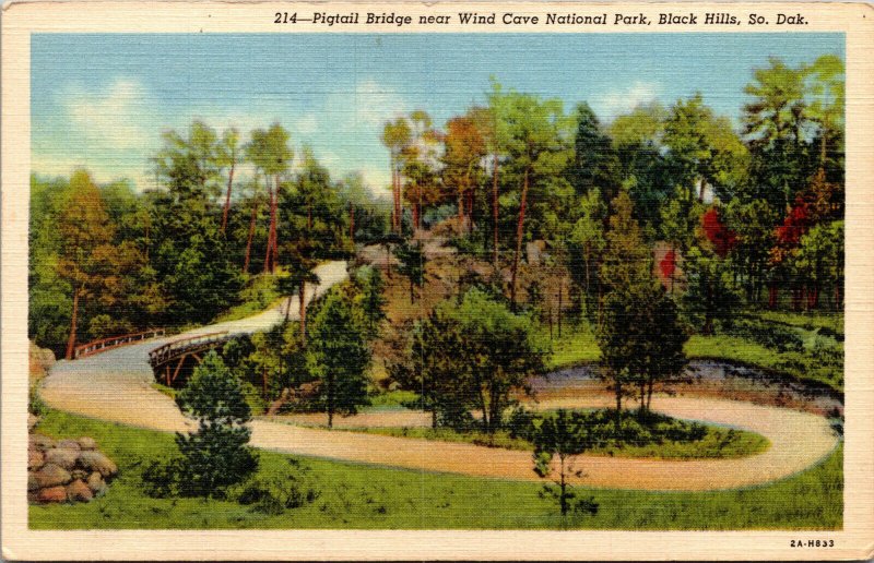 Vtg 1930s Pigtail Bridge Wind Cave National Park Black Hills SD Linen Postcard