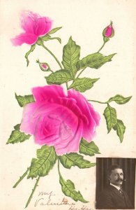 Vintage Postcard Large Print Pink Rose Embossed With A Man's Picture On Side