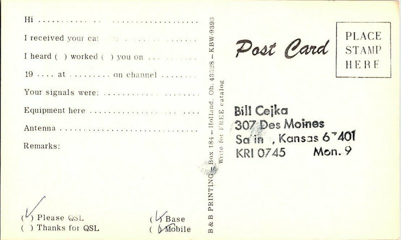 QSL Radio Card From Swanton Ohio KBW 7565