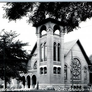 c1950s Monticello, IA RPPC Congregational Church Beautiful Stained Glass PC A110