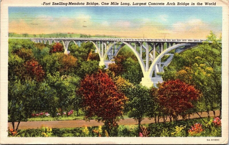 Fort Snelling Mendota Bridge One Mile Long Longest Arch Bridge Linen Postcard 