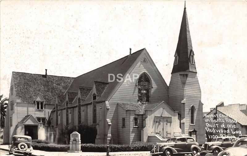 California Ca Postcard Photo RPPC c'50 SANTA ROSA Baptist Church ONE REDWOOD LOG