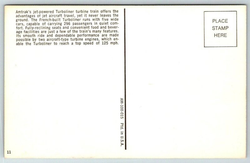 Amtrak  Jet Powered Turboliner  Train  Railroad  Postcard