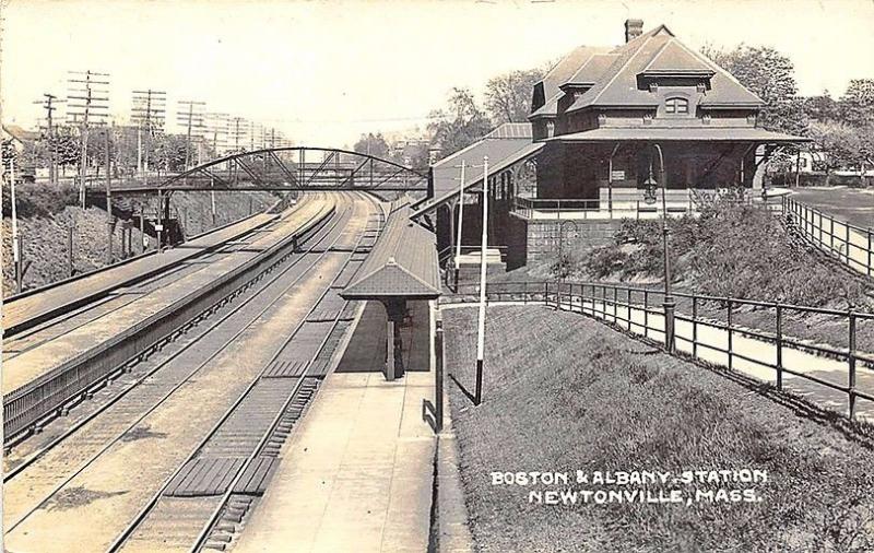 Newtonville MA B&A Railroad Station Train Depot RPPC Real Photo Postcard 