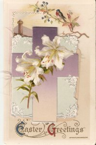 Cross, flowers. bird Old vintage German,  Easter, with attached message inside