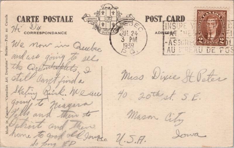 Wolfe Monument Quebec QC Sur Les Plaines D'Abraham c1939 Postcard D65