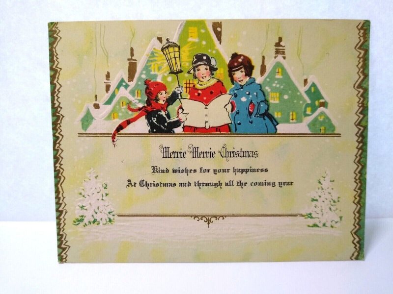 Christmas Greeting Card Merrie Carolers Singling Homes Village Embossed Vintage 