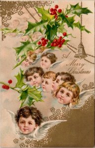 Christmas Angel Children Bell Hollyberry c1906 Postcard N22
