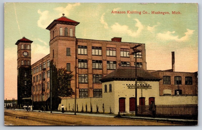 Muskegon Michigan~Amazon Knitting Co Factory~Workers on Sidewalk~Offices~1910
