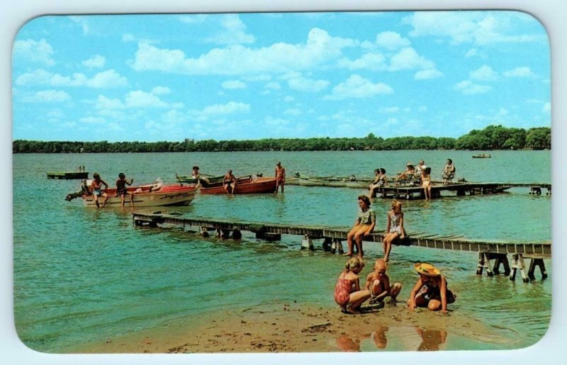 FISHER LAKE, Michigan ~ CLAUSEN'S SHADY REST RESORT Beach Scene 1960s Postcard