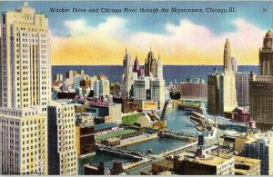 1940s Chicago Wacker Drive River Skyscrapers Ariel View Linen Postcard 5-107