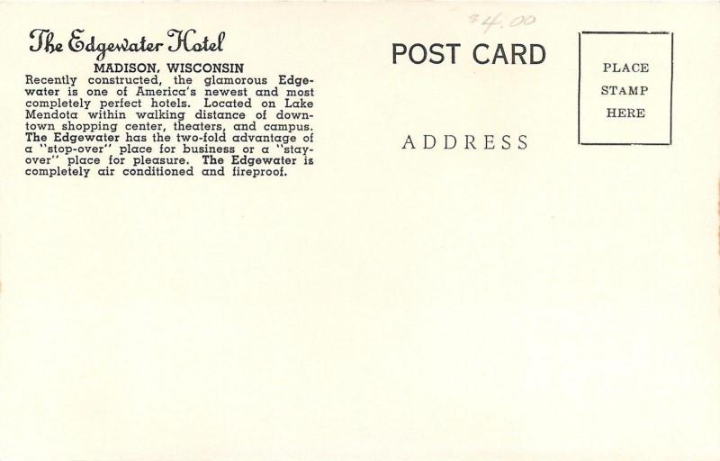 Madison Wisconsin~Edgewater Hotel on Lake by Night 1950 Real Photo Postcard