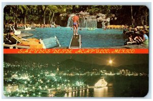 Saludos Desde Acapulco Mexico, Swimming Pool Aerial Scene Dual View Postcard