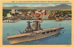 US Navy Plane Carrier At Anchor - Looking Up Broadway, San Diego CA Vtg Postcard