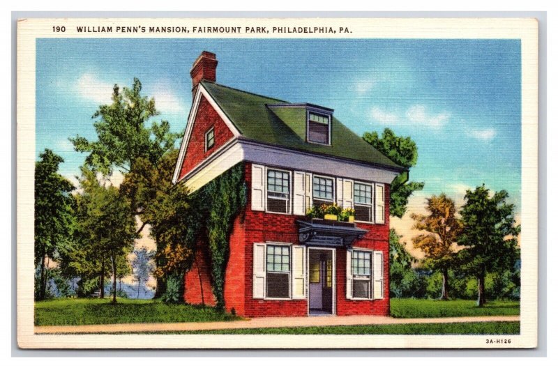 William Penn Mansion Fairmount Park Philadelphia PA UNP Linen Postcard Y13