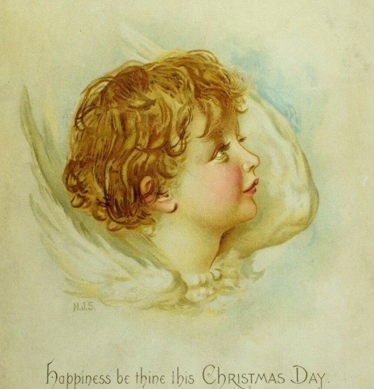 1880's-90's Christmas Card Lovely Cherub In Sky By Artist H. J. S. &M