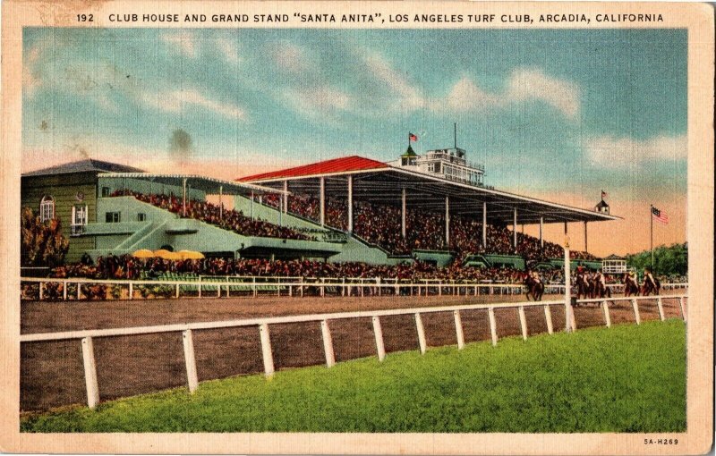 Club House, Grand Stand Santa Anita LA Turf Club Arcadia CA Vintage Postcard A23