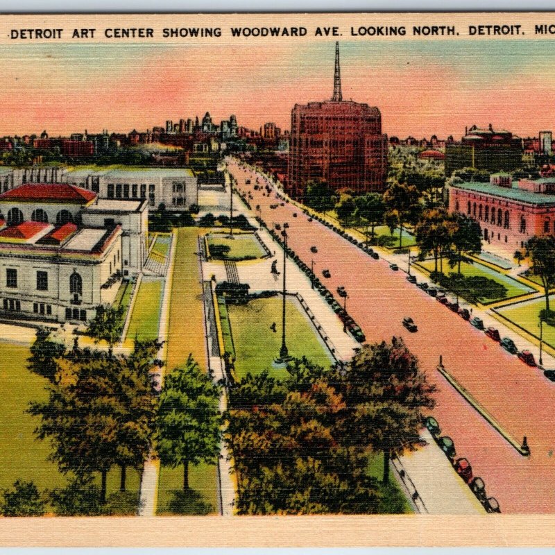 c1910s Detroit, Mich Looking North Art Center Woodward Ave Metrocraft Linen A206