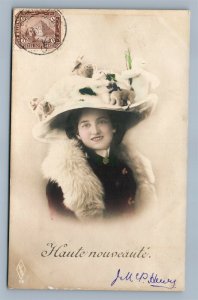 LADY IN GLAMOUR HAT ANTIQUE REAL PHOTO POSTCARD RPPC w/ EGYPTIAN STAMP