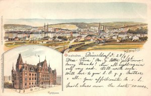 WISEBADEN GERMANY TO USA TRAIN MULTI-VIEW ARTIST SIGNED POSTCARD 1906