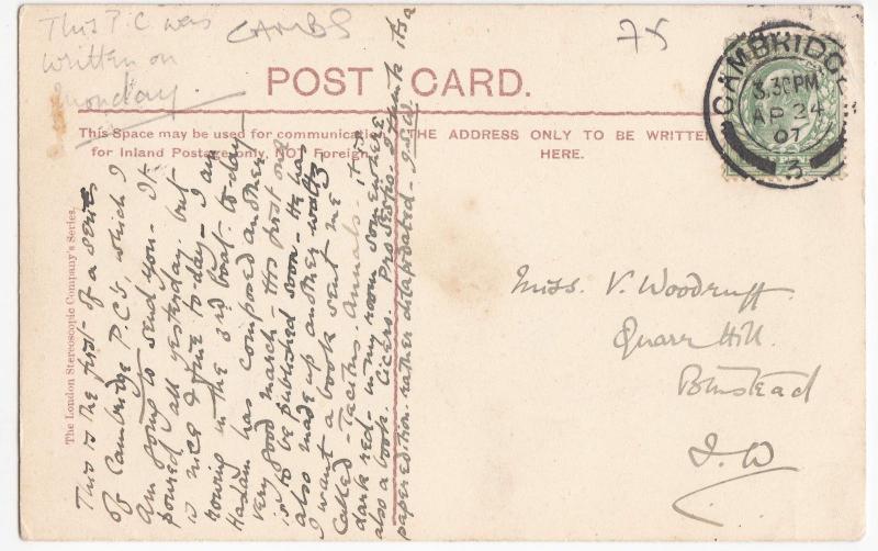 Cambridge; Garrett Hostel Bridge PPC 1907 PMK To Miss Woodruff, Binstead, IOW 