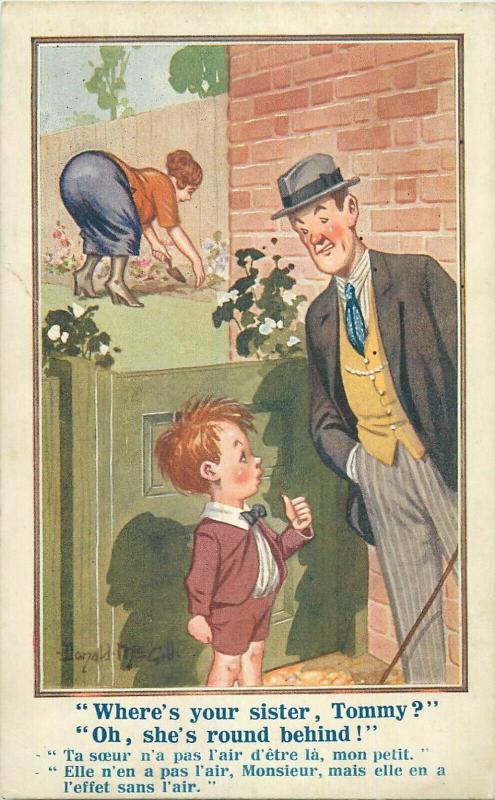 Postcard Comic Donald McGill no.3347 Where`s your sister, Tommy round behind !