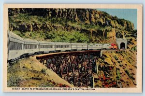 c1940 Santa Fe Streamliner Locomotive Crossing Johnson's Canyon Arizona Postcard